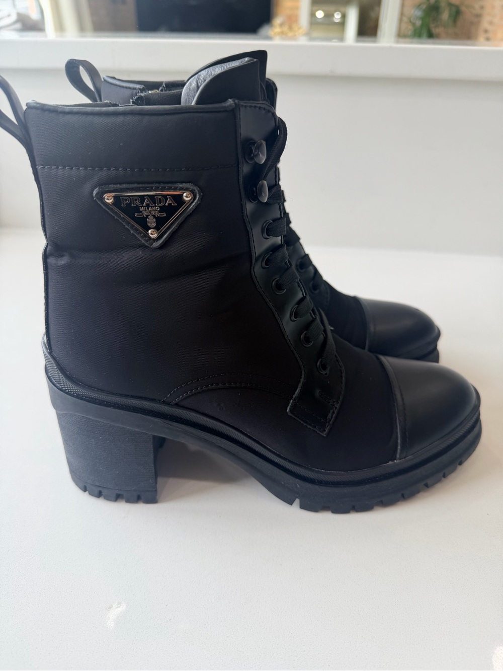 Prada Black Lug Sole Combat Heel Boots w/ Logo Plaque - Picture 4 of 4